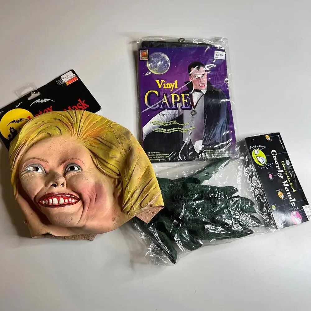 1990s Bill Clinton Mask Illusive Concepts + 90s‎ Halloween Vinyl Cape Gloves Lot